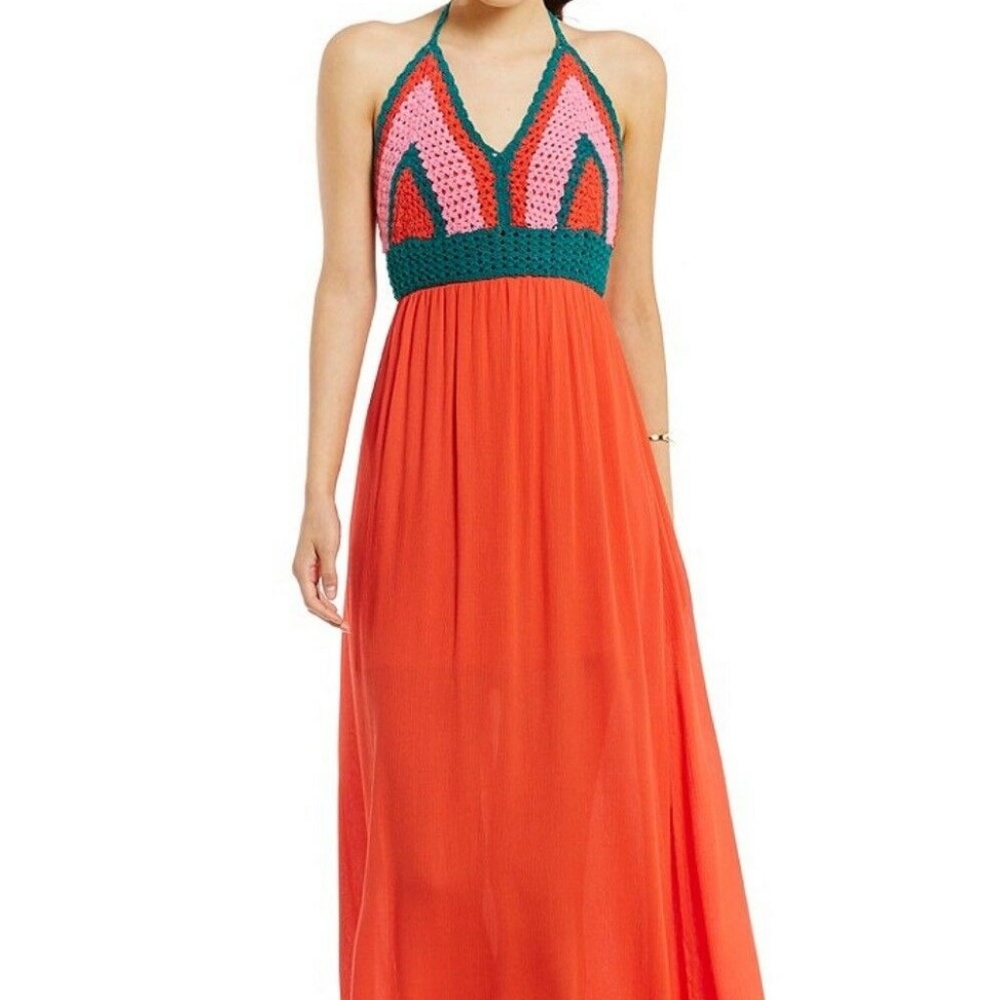GB Coral Crocheted Halter Maxi Dress NWOT